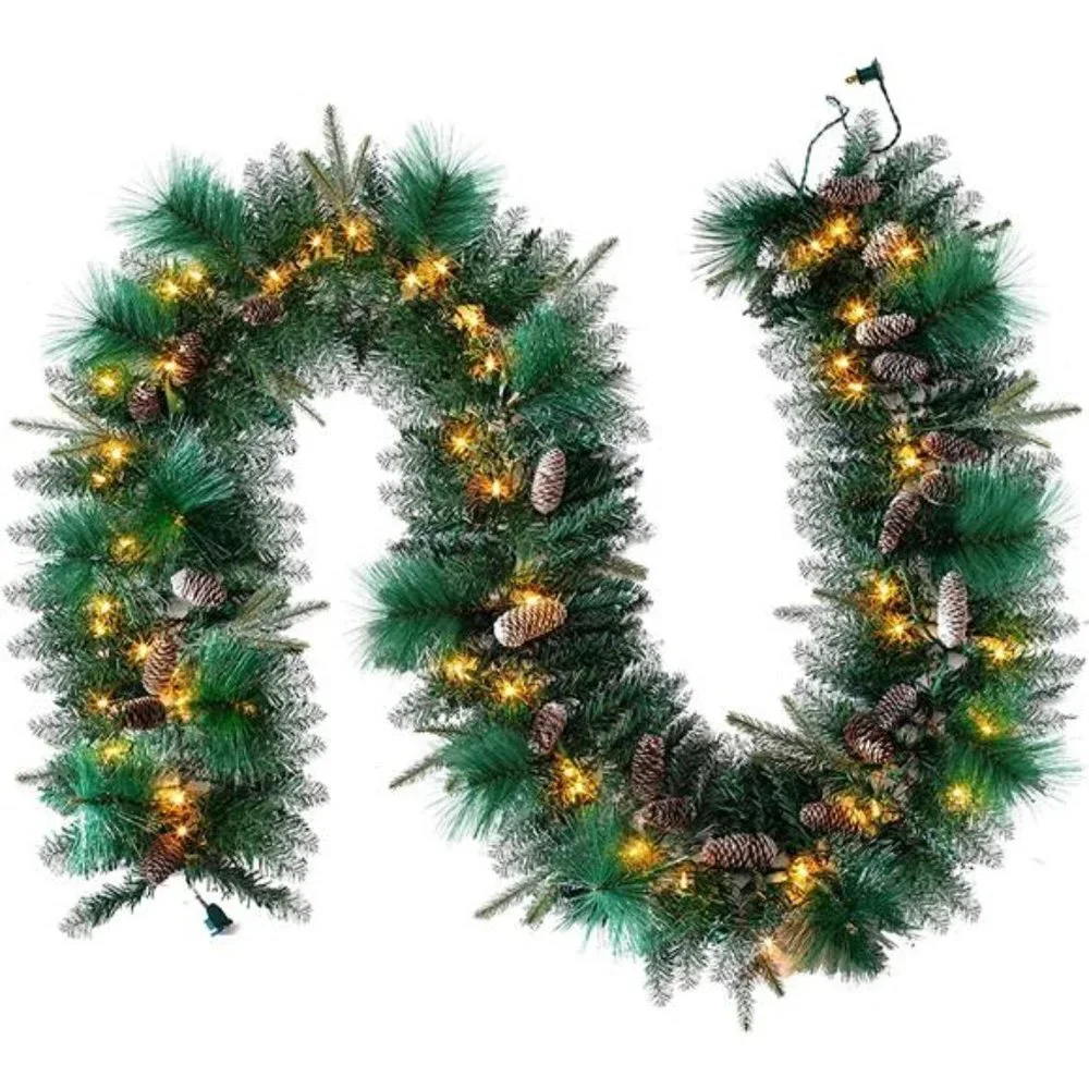 9ft Christmas Flocked Garland (Cone) Pre Lit w/ 50 Count Warm White String Light